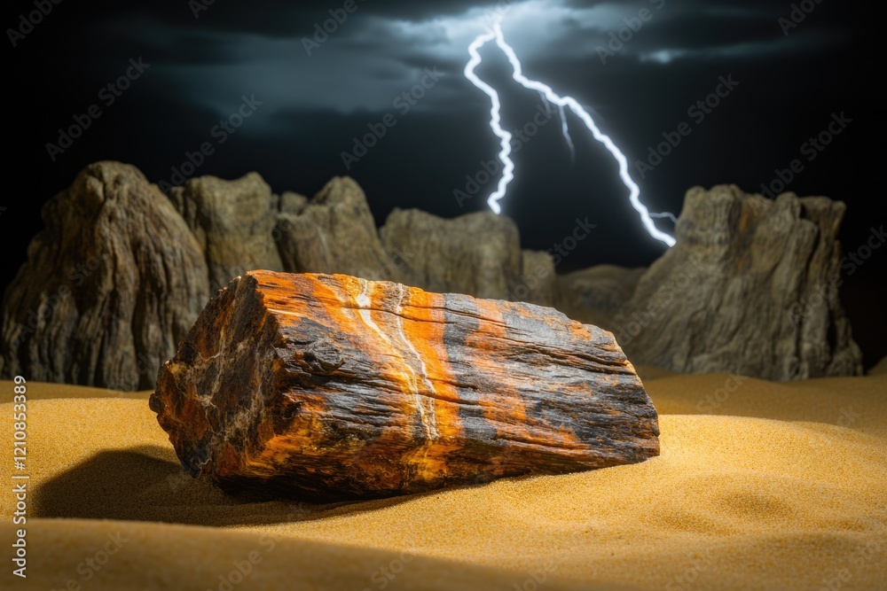 A vibrant petrified wood rests on desert sand under a dramatic lightning storm. A vibrant petrified wood rests on desert sand under a dramatic lightning storm.