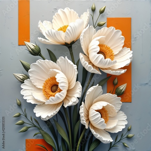 Abstract art painting shows bouquet of large white flowers with decorative orange centers. Flowers textured petals, leaves. Painting style uses acrylic, oil paint techniques. Design looks like