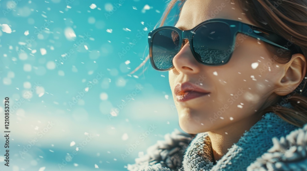 Naklejka premium A stylish young woman enjoys winter, clad in sunglasses, surrounded by gentle snowflakes, radiating warmth and joy.