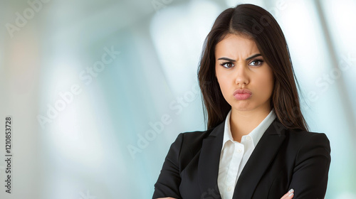 A young businesswoman pouts playfully while holding a notebook in her modern office, showcasing her vibrant personality. photo