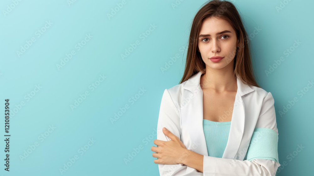 A woman with an elbow injury in a sling, representing pain management and healing methods. Health care focus. A woman with an elbow injury in a sling, representing pain management and healing methods. Health care focus.