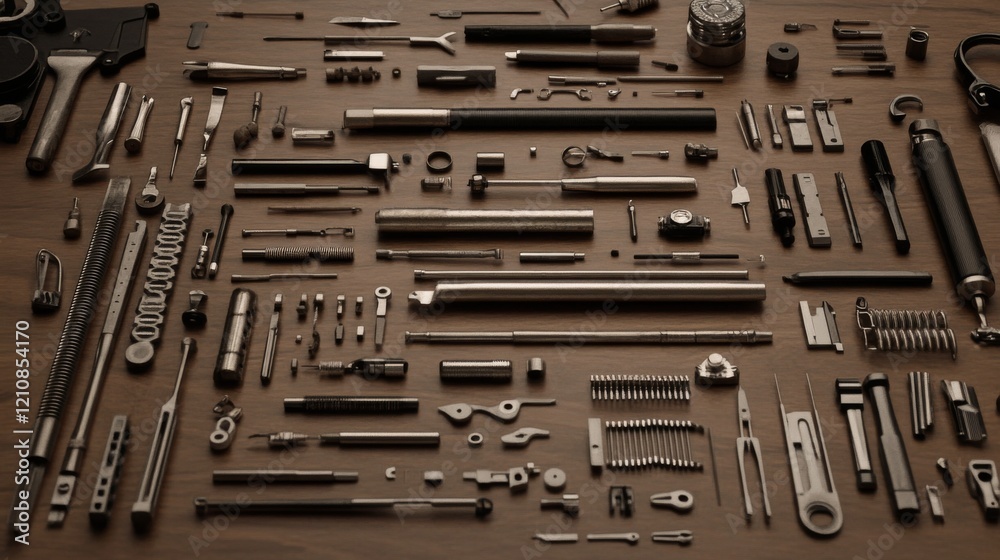 Fototapeta premium Flat lay of various metal parts and tools on wood.