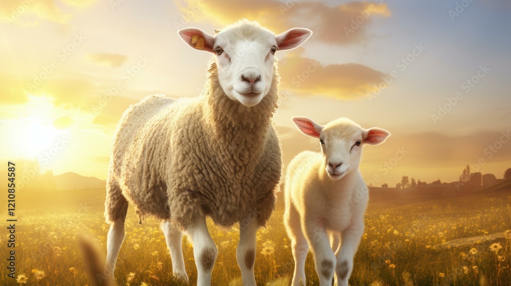 Obraz premium A mother sheep and her lamb bask in the warm glow of the sunset, creating a serene meadow scene.