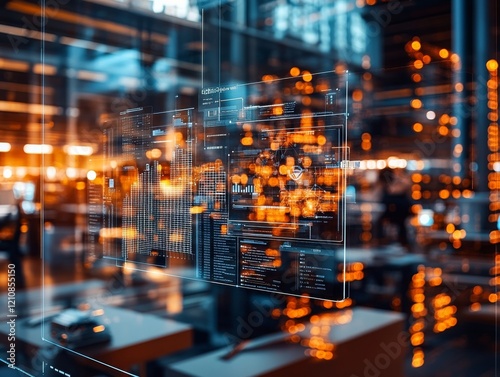 Wallpaper Mural Data analytics display in modern office featuring glowing interface and digital metrics at dusk Torontodigital.ca