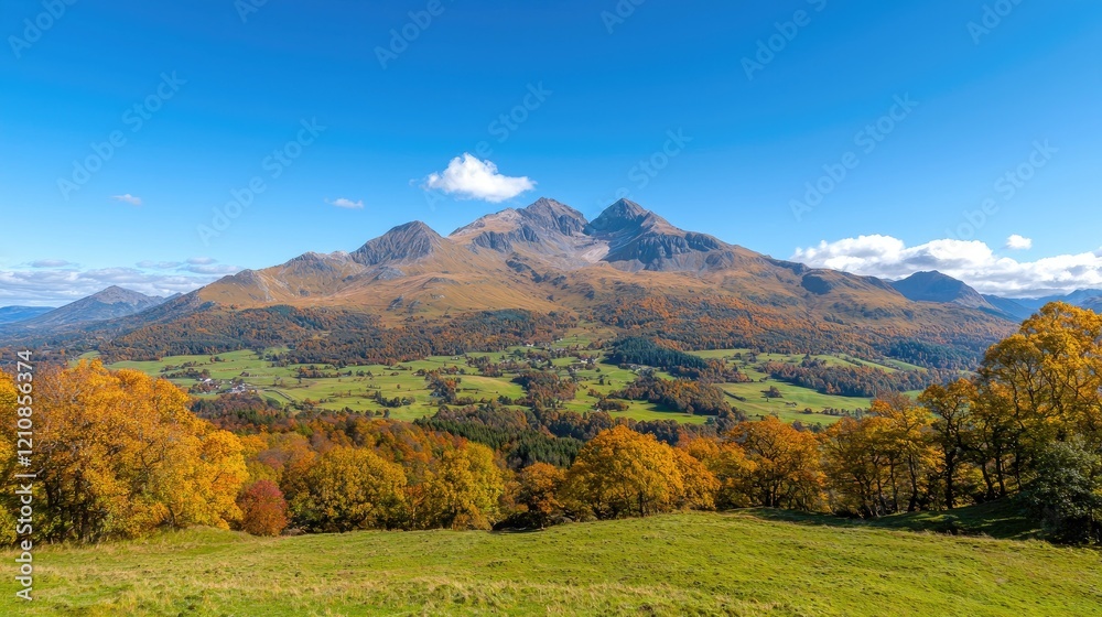 Naklejka premium Autumnal mountain valley landscape, colorful foliage, clear sky