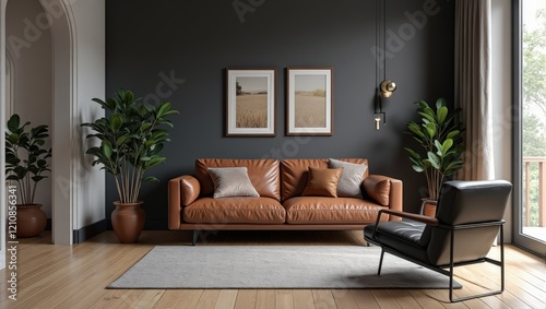 Elegant brown leather couch set against a deep-hued wall, complemented by a chic gray rug atop rich wooden floors, creating a cozy and sophisticated interior ambiance