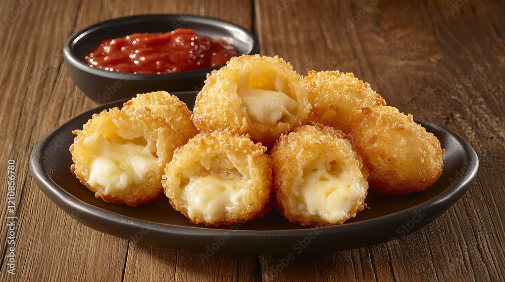 Italian Arancini with Crispy Golden Coating, Mozzarella Filling, and Fresh Herbs Served with Rich Tomato Sauce on Ceramic Plate Italian Arancini with Crispy Golden Coating, Mozzarella Filling, and Fresh Herbs Served with Rich Tomato Sauce on Ceramic Plate