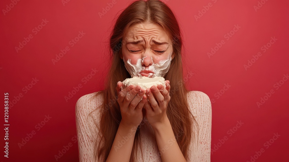 Upset crying woman smeared with cream after eating festive cake expresses negative emotions cries as feels lonely celebrates Valentines Day poses against red background wants to have romantic date Upset crying woman smeared with cream after eating festive cake expresses negative emotions cries as feels lonely celebrates Valentines Day poses against red background wants to have romantic date
