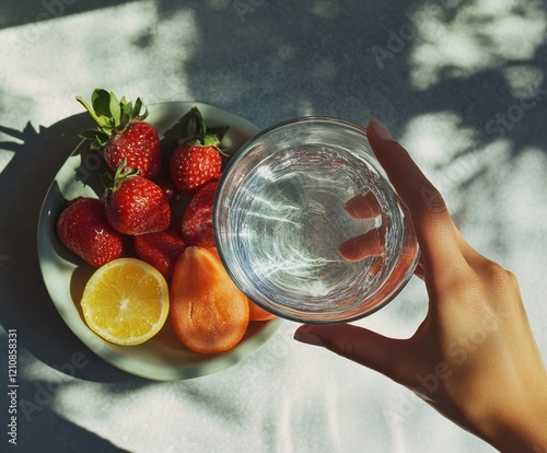 Hand holding a glass of water beside fresh fruits under natural sunlight with shadows. photo