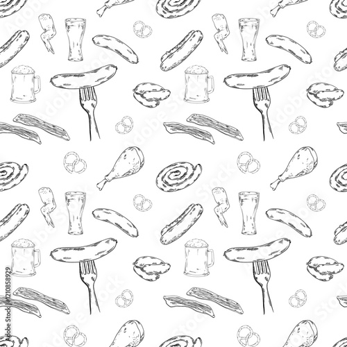 Barbecue bbq seamless pattern for textile or wrapping paper with sausages, bacon, pork, chicken, pretzel, beer snacks and other unhealthy meal for pub bar restaurant menu, meat snacks, fork, food 
