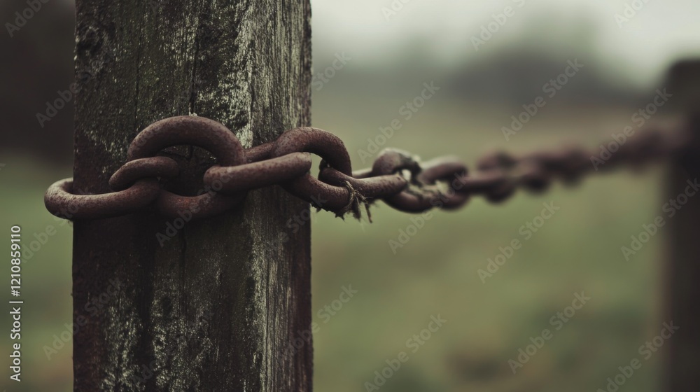 Rusty chain linked to weathered wooden post, blurred background. Rusty chain linked to weathered wooden post, blurred background.