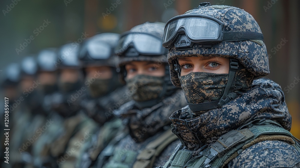 Fototapeta premium Military personnel in tactical gear line up for training exercise in a forested area during early morning hours