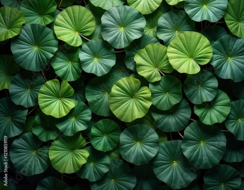 Wallpaper Mural Close-up view of many round green leaves. Circular leaf shapes create natural pattern. Various shades of green create rich texture. Botanical design with detailed leaf structure. Beautiful tropical Torontodigital.ca