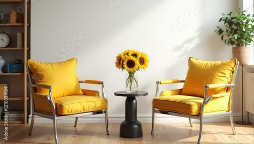 Two plush yellow armchairs flank a sleek black round table, adorned with vibrant sunflowers in a crystal vase, set against an elegant white backdrop photo