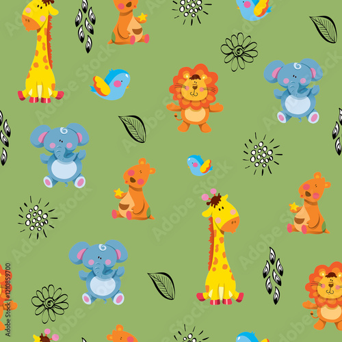 seamless pattern. baby giraffe and baby animals on a white background. cartoon illustration.