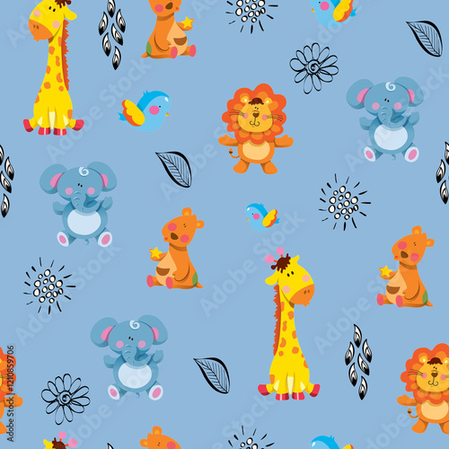 seamless pattern. baby giraffe and baby animals on a white background. cartoon illustration.
