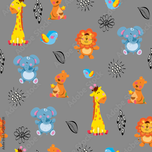 seamless pattern. baby giraffe and baby animals on a white background. cartoon illustration.