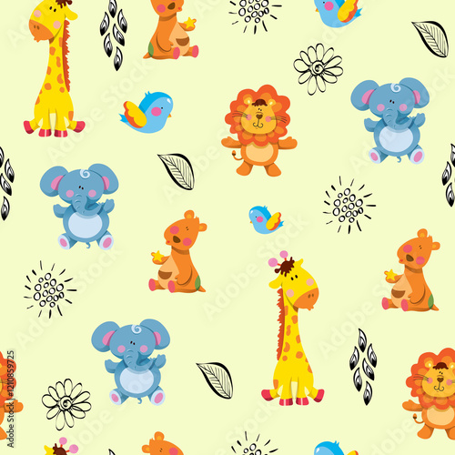 seamless pattern. baby giraffe and baby animals on a white background. cartoon illustration.
