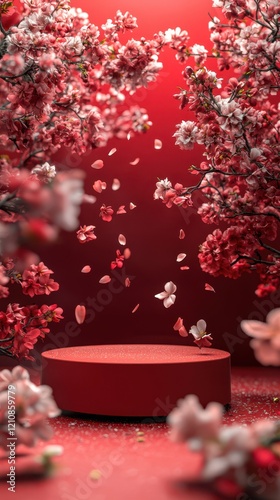Luxurious Floral Scene with Red Background and Golden Accents