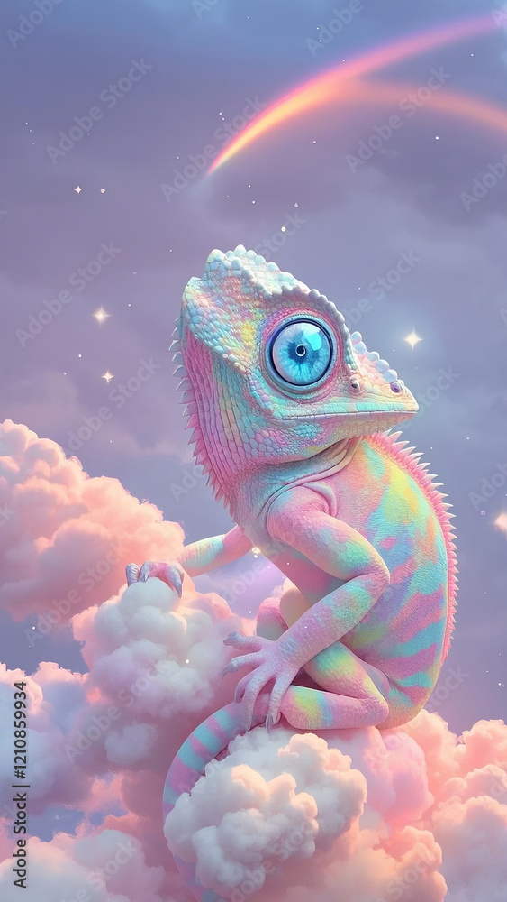 Obraz premium 3D render of Surrealism Blue sky with pink clouds, soft rainbow color chameleon. 300dpi