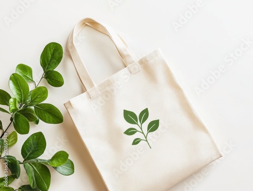 Eco-friendly reusable tote bag with green plant design on a clean white surface. photo