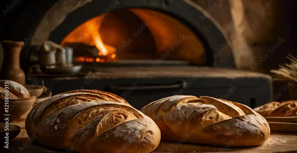 A beautifully crafted artisan bread oven in a rustic kitchen setting, surrounded by freshly baked sourdough loaves on a wooden countertop