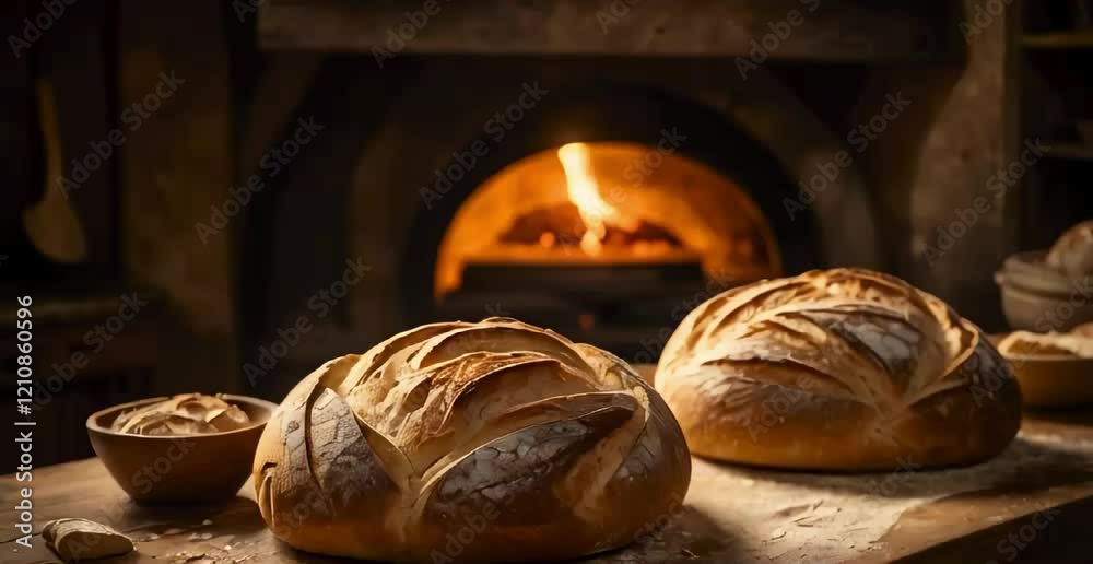 A beautifully crafted artisan bread oven in a rustic kitchen setting, surrounded by freshly baked sourdough loaves on a wooden countertop