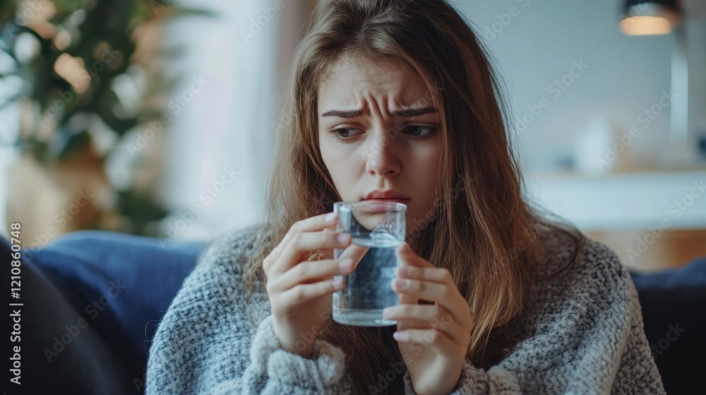 people, health and treatment concept - sad sick young woman in blanket taking medicine with water at home people, health and treatment concept - sad sick young woman in blanket taking medicine with water at home