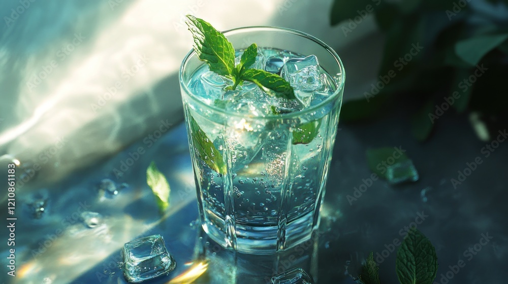 Iced mint drink, sunlight, window, table, refreshment Iced mint drink, sunlight, window, table, refreshment