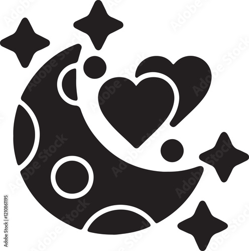 An illustration of a silhouette icon of a crescent moon, a star, and a heart