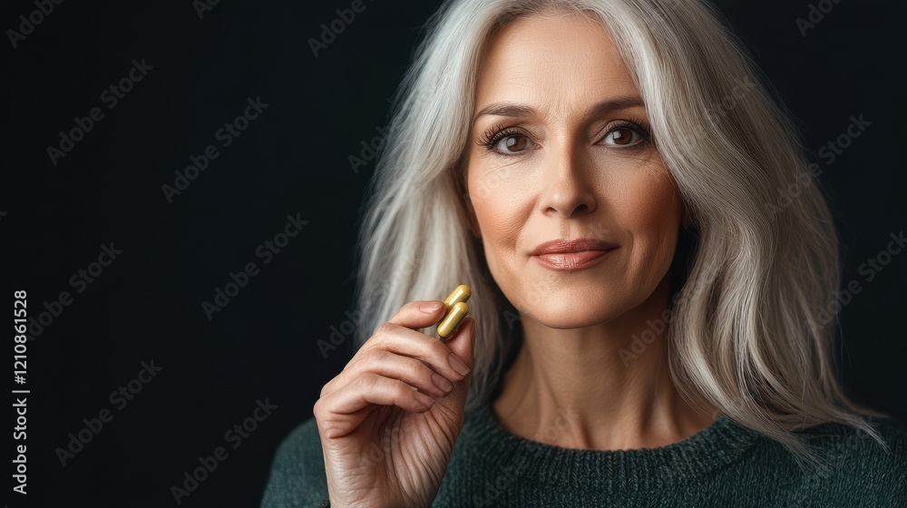 A middle-aged woman holding a vitamin supplement capsule A middle-aged woman holding a vitamin supplement capsule