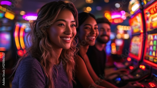 A diverse group of friends enjoying arcade games in retro-themed arcade casino, smiling and having fun, with neon lights and arcade machines in the background. casino arcade game concept