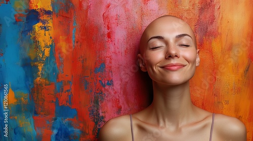 A bald woman after cancer chemotherapy with no hair, smiling and with closed eyes on a colorful painted background. World Cancer Day banner of art therapy. Copy space.