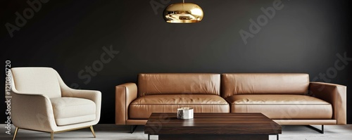 A sleek and simple living room design with a sandy brown leather sofa and a cream armchair against a matte black wall