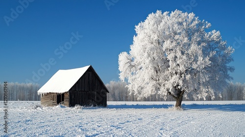Snowy Winter Scene Frosted Tree & Rustic Barn photo