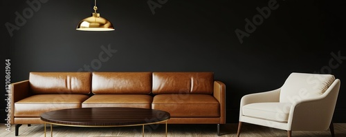 A sleek and simple living room design with a sandy brown leather sofa and a cream armchair against a matte black wall