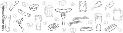 Barbecue bbq banner for web site, card, paper with sausages, bacon, pork, chicken, pretzel, beer snacks and other unhealthy meal for pub bar restaurant menu, meat snacks, fork, food 