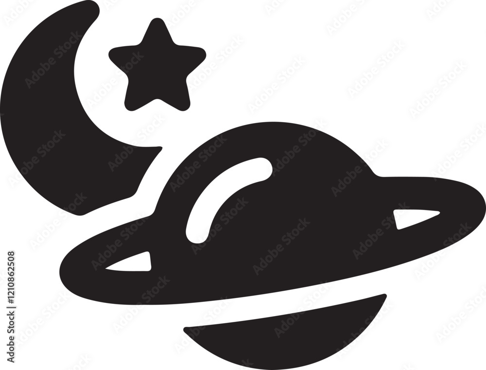 An illustration of a silhouette icon of a ringed planet and a starburst An illustration of a silhouette icon of a ringed planet and a starburst
