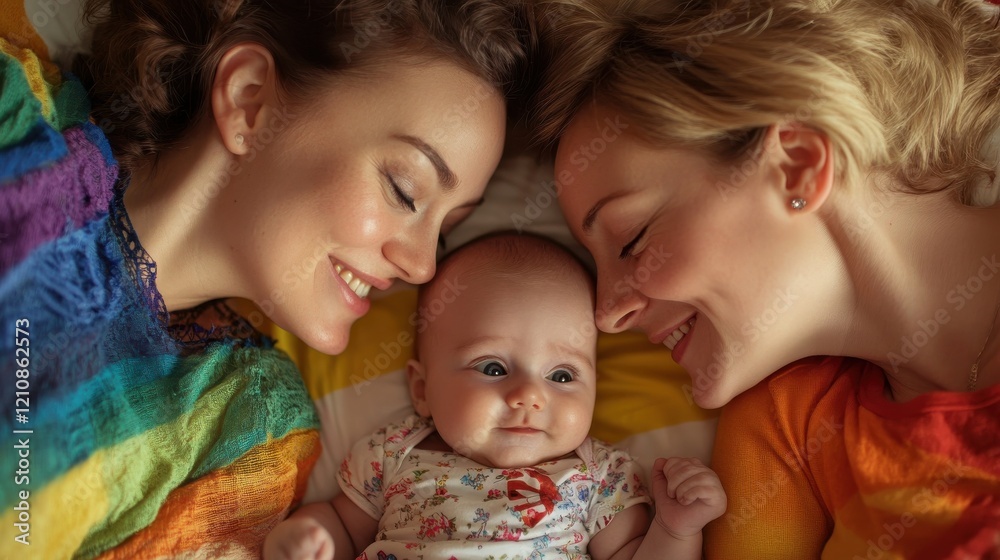 Women gay couple having fun with their baby son at home - Family, lgbt and love concept - Main focus on infant face Women gay couple having fun with their baby son at home - Family, lgbt and love concept - Main focus on infant face