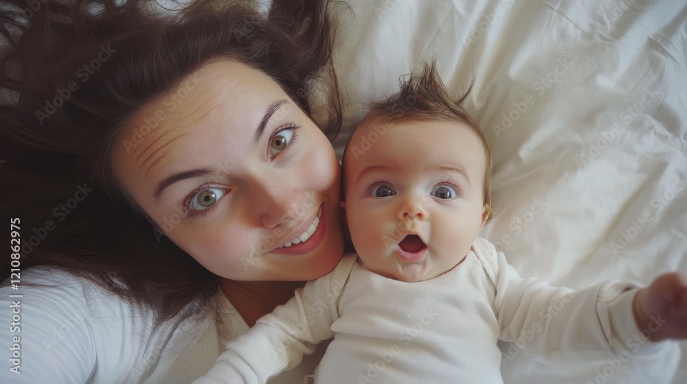Young mother having fun taking selfie with her baby in bed at home - Soft focus on kid face