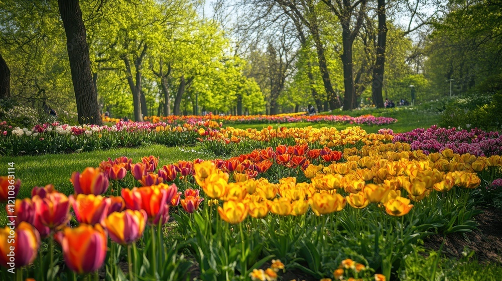 Colorful spring garden with blooming flowers beneath vibrant trees in a park setting Colorful spring garden with blooming flowers beneath vibrant trees in a park setting
