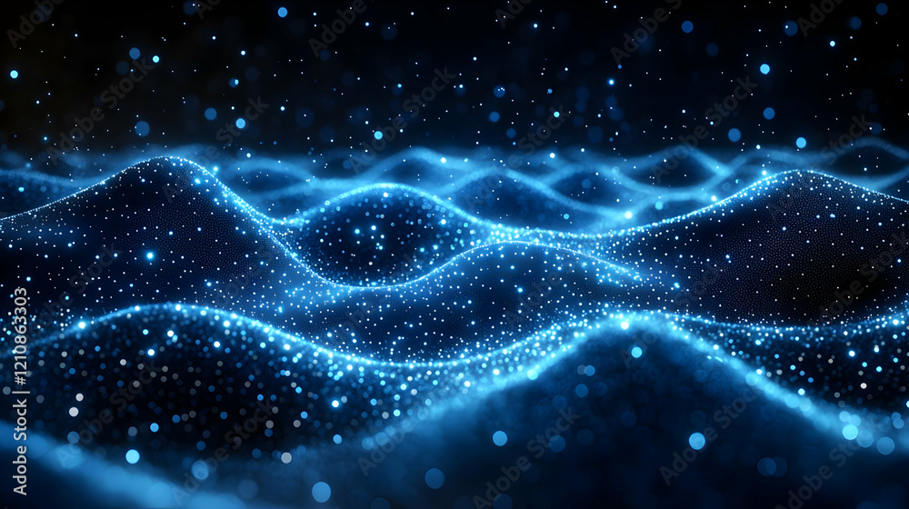 Abstract Blue Particle Wave Background, Glowing Energy Flowing Through Dark Space, Digital Art Design Abstract Blue Particle Wave Background, Glowing Energy Flowing Through Dark Space, Digital Art Design