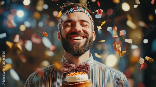 Happy adult man celebrates one year of working in company holds small cake rceieves congratulation from colleagues smiles joyfully wears headband striped shirt and bowtie cofetti falling on him photo