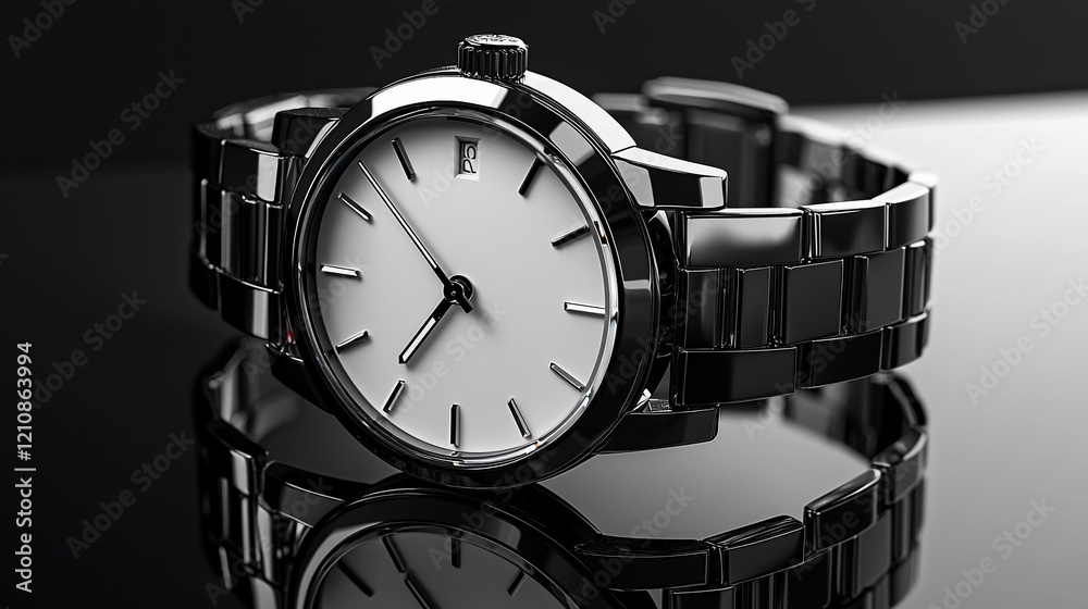 Sleek black wristwatch with white face, reflected on a glossy surface. Sleek black wristwatch with white face, reflected on a glossy surface.