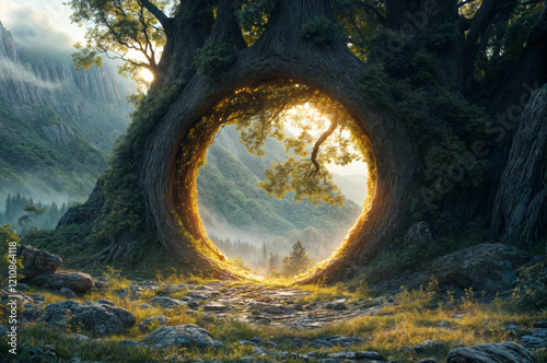 Forest Magic Portal: A serene forest clearing with an ancient stone archway filled with swirling, glowing light 