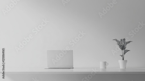 A clean, modern desk with a laptop, a potted plant, and a mug against a white background. photo