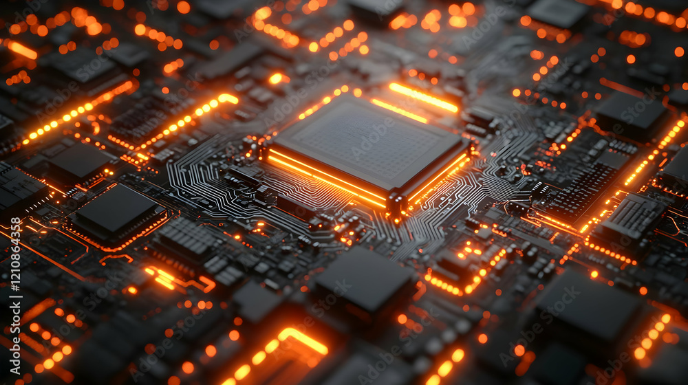 Glowing Circuit Board with Central Processor: Abstract Technology Background Glowing Circuit Board with Central Processor: Abstract Technology Background