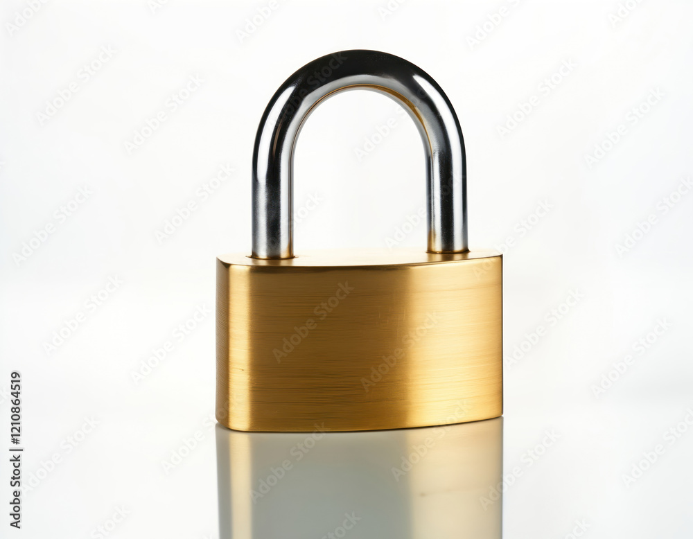 Unlocked brass padlock on white background. Secure but open lock. Simple object. Metal lock. Modern business concept. Security symbol. Isolated object. Protection. Safe. Unlocked brass padlock on white background. Secure but open lock. Simple object. Metal lock. Modern business concept. Security symbol. Isolated object. Protection. Safe.