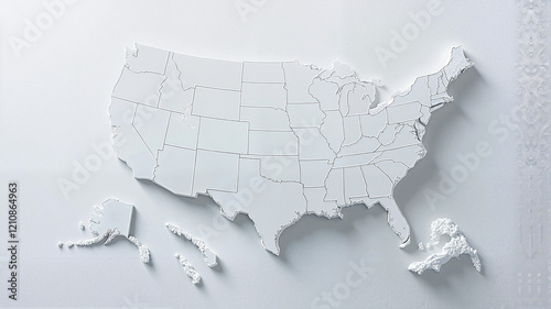 White 3D map of United States with states and territories