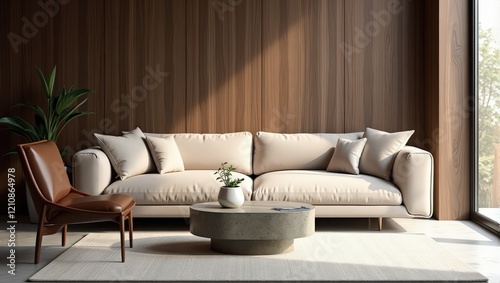 Cream leather sectional sofa before a rich brown wooden wall, flanked by a matching leather chair. A chic gray-white rug anchors the space centrally photo